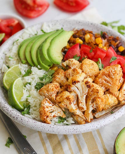 Roasted Cauliflower & Black Bean Burrito Bowl with Cilantro Lime Rice