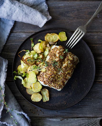 Roasted Mustard Seed White Fish with Potato-Brussel Sprout Hash
