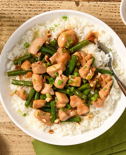 Teriyaki Chicken Thighs with rice and smoked almonds