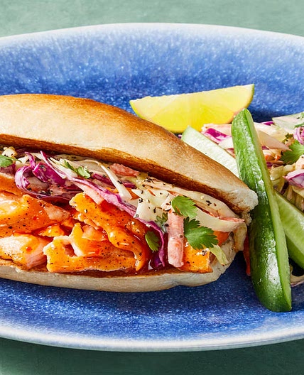 Salmon Banh Mi Baguettes with Spicy Slaw & Cucumber Spears