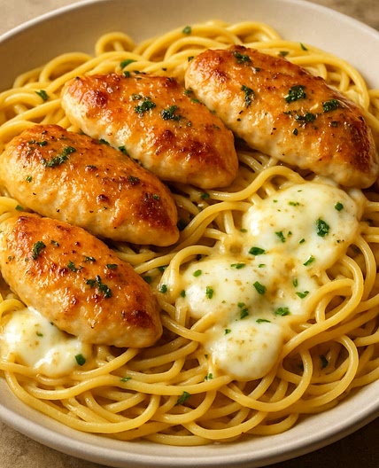 Garlic Butter Chicken with Linguine Pasta and Mozzarella Cheese