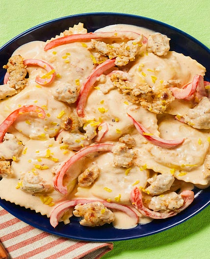 Tomato & Ricotta Stuffed Ravioli with Creamy Chicken Sausage