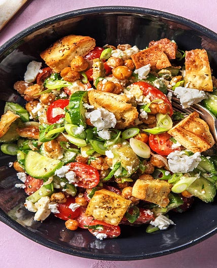 Fattoush Salad with Roasted Chickpeas Spiced Pita and Feta Cheese