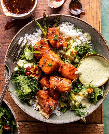 Hot Honey Crispy Salmon Bowls