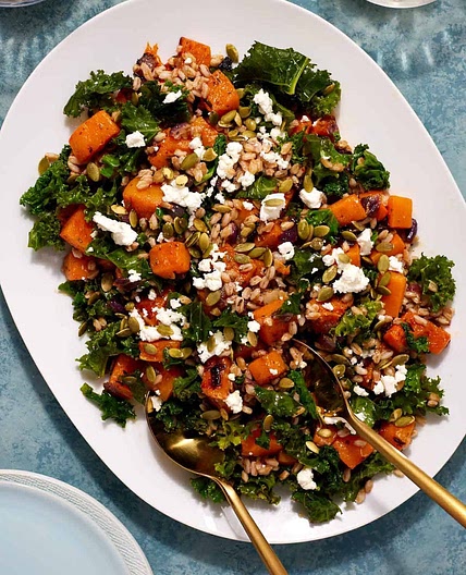 Butternut Squash Salad with Farro, Kale, and Creamy Goat Cheese