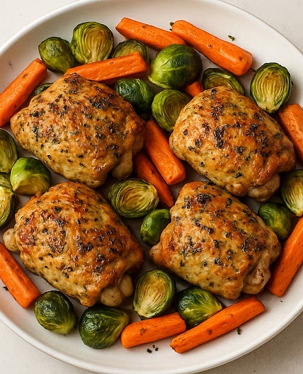 Herb Roast Chicken Thighs with Brussels & Carrots