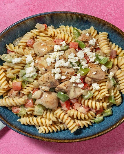 Greek-Inspired Chicken Pasta with Creamy Sauce and Feta