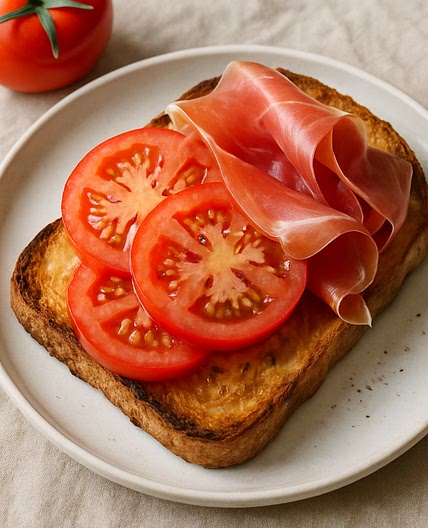 Geroosterd broodje serranoham en tomaat