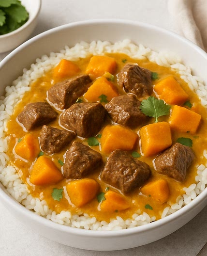 Kokos-, rundvlees- en pompoencurry uit de slowcooker