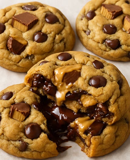 Ultra-Thick Gooey Chocolate Peanut Butter Cup Cookies (No Chill)