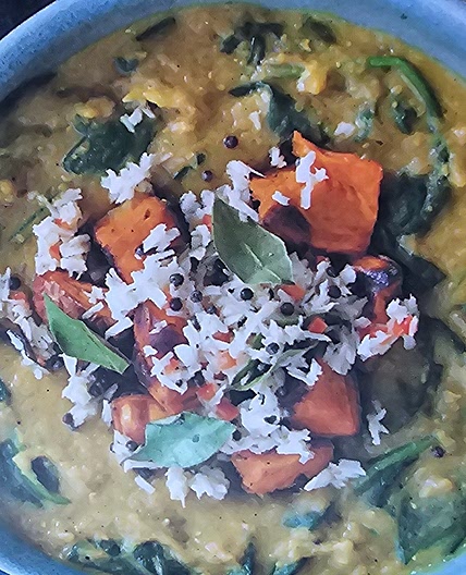 Dhal with crispy sweet Potato and quick coconut chutney