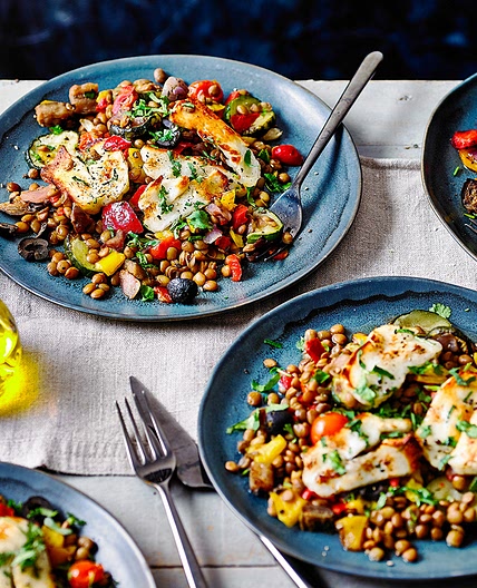 Halloumi and vegetable lentil traybake