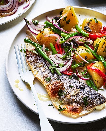 Grilled sea bass fillets with Mediterranean potato salad