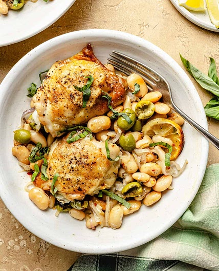 One-Pan Roasted Chicken with Lemony White Beans