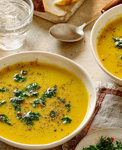 Spiced swede and carrot soup with chimichurri