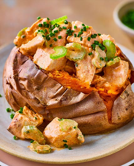 Buffalo-style chicken sweet potatoes