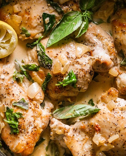 Creamy Skillet Chicken with Garlic & Basil (Paleo, Whole30, Keto, AIP Option)