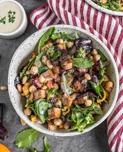 High Protein Bean & Tofu Salad with Garlic Tahini Dressing