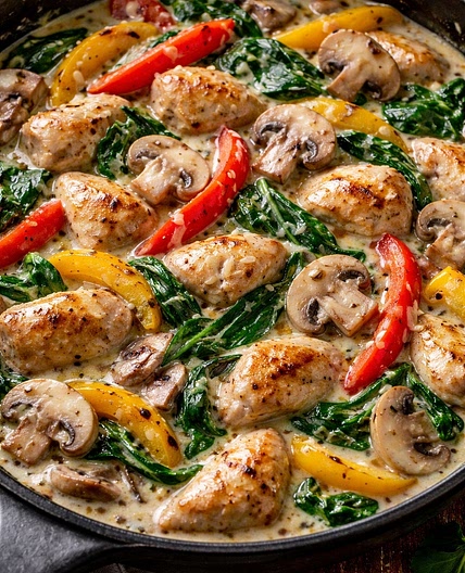 Ultra-Creamy Chicken, Bell Pepper, Mushroom & Spinach Skillet