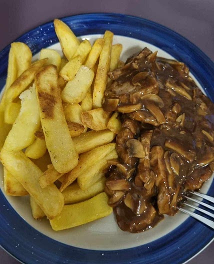 Pork, gravy and roast pumpkin