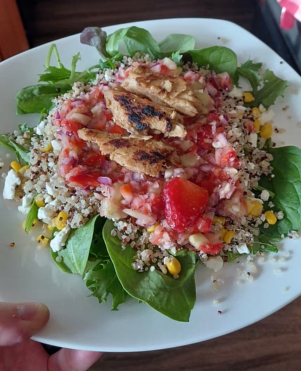 Quinoa-Greens Chicken Salad with Cucumber-Strawberry Salsa