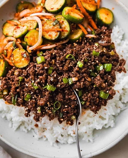 Gochujang Beef Bowls with Spicy Korean Cucumber Salad