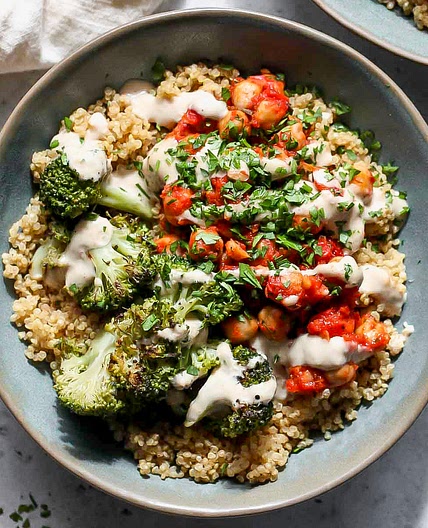 Chickpea and Broccoli Bowls with Creamy Garlic Sauce