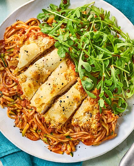 Air-fryer chicken parmigiana with spaghetti