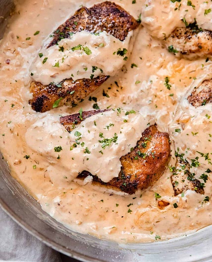 Skillet Chicken in Balsamic Caramelized Onion Cream Sauce