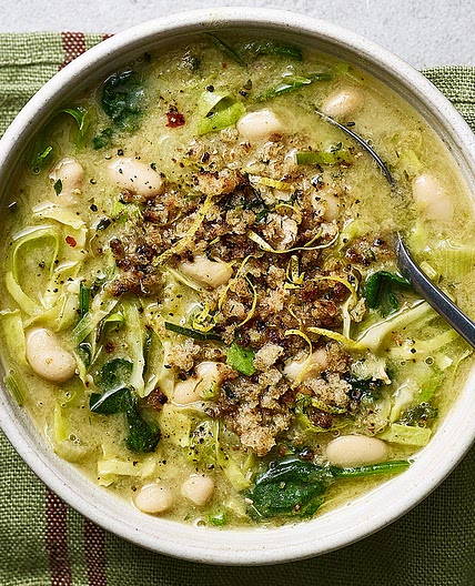 White bean and leek soup with garlic breadcrumbs