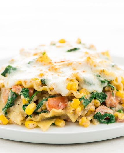 Skillet Lasagna Bianca with spinach and roasted corn