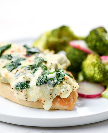 Spinach-Artichoke Chicken with roasted broccoli and radishes