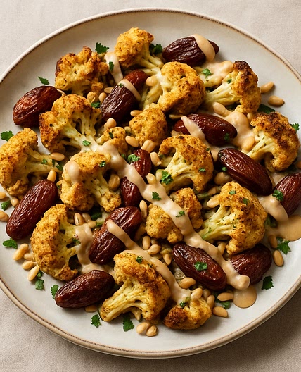 Cumin-Roasted Cauliflower and Dates with Tahini and Pine Nuts