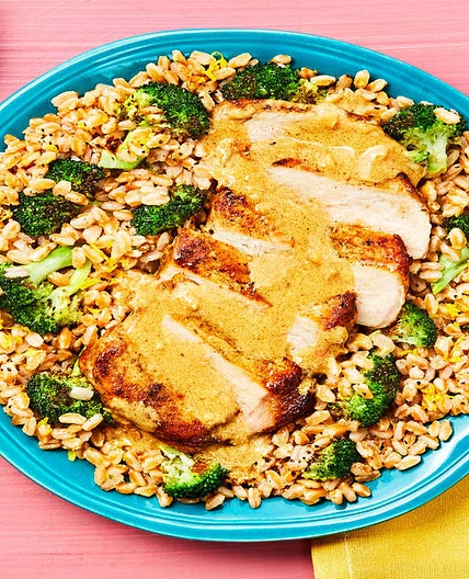 Pork Chops With Creamy Lemon Pan Sauce over Roasted Broccoli Farro