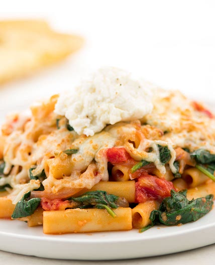 Four Cheese Baked Ziti with garlic ciabatta