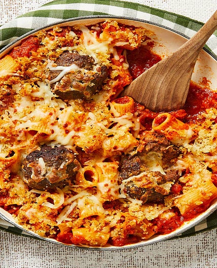Stuffed-Meatball Rigatoni Bake with a Parmesan & Panko Crust