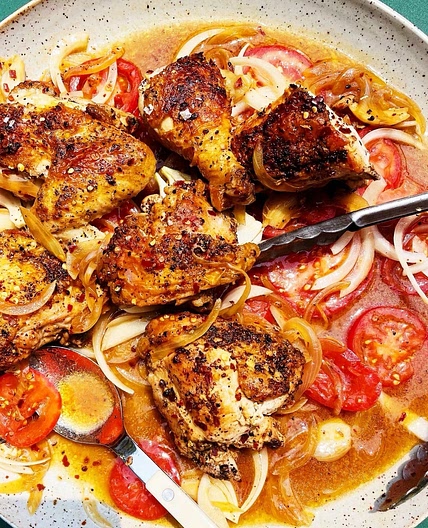 Spicy Vinegar Chicken over Tomatoes