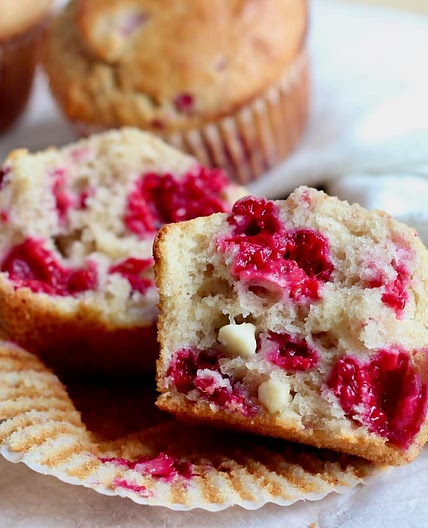 Raspberry White Chocolate Sourdough Muffins