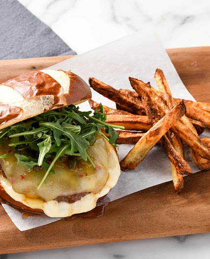 Pepper-Jack Burger with Jalapeño Jam and oven fries