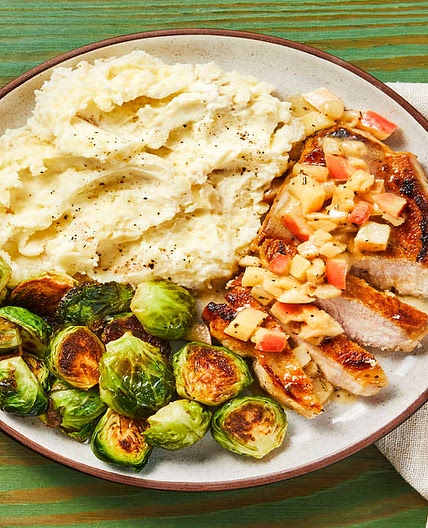 Pork Chops & Apple Rosemary Pan Sauce with Mashed Potatoes & Roasted Brussels Sprouts