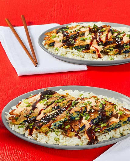 Red Cabbage Okonomiyaki Fritters with Ginger Rice, Hoisin & Spicy Mayo