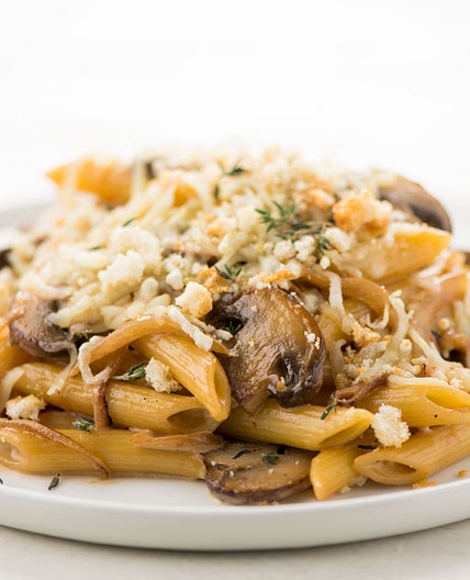 Baked French Onion Penne with cremini mushrooms