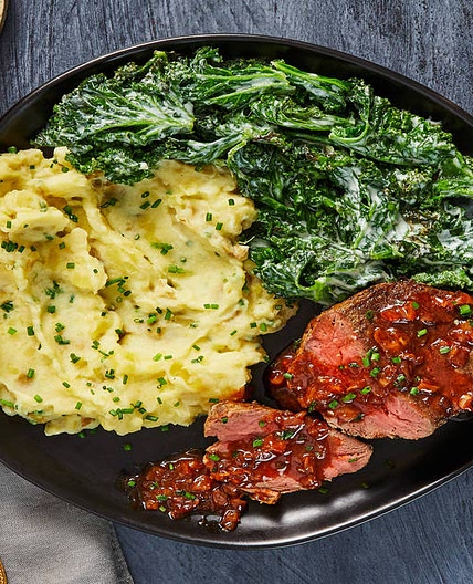 Beef Tenderloin & Shallot Pan Sauce with Garlic-Herb Creamed Kale & Mashed Potatoes