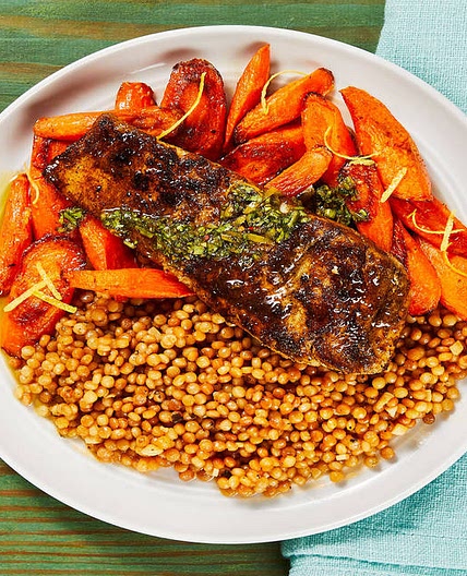 Chimichurri Barramundi with Lemony Carrots & Garlic Herb Couscous