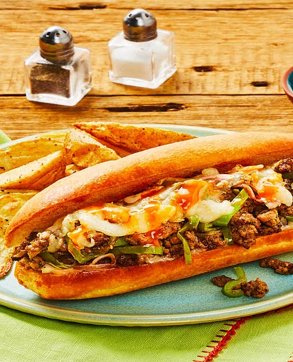 Italian Beef Melts with Onion, Pepper, Mozzarella & Roasted Potato Wedges