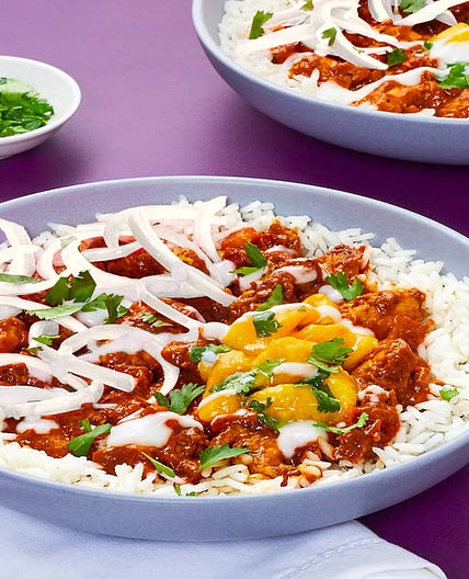 Chicken Tikka Masala Rice Bowl with Mango Cilantro Chutney