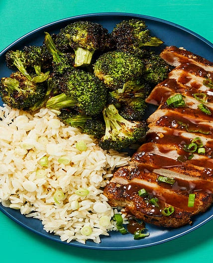 Hoisin Plum Pork Chops with Scallion Rice & Sesame Roasted Broccoli