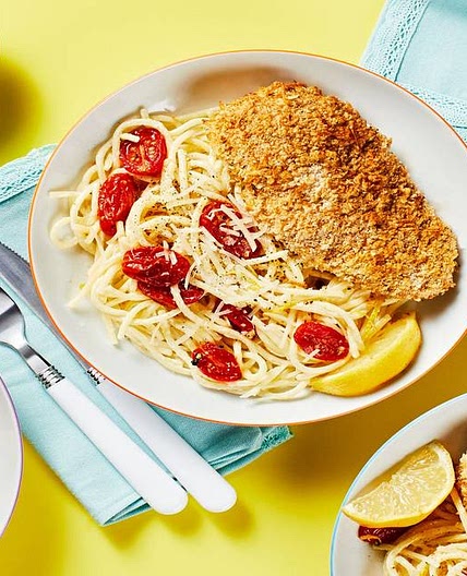 Parmesan-Crusted Chicken over Creamy Lemon Tomato Spaghetti