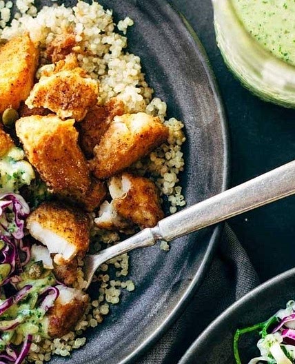Spicy Fish Taco Bowls with Cilantro Lime Slaw