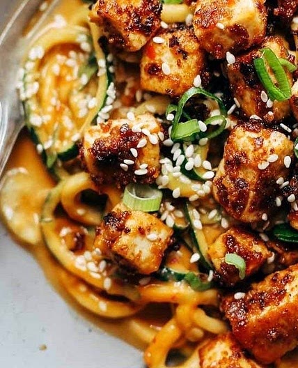 Spicy Sesame Zoodles with Crispy Tofu